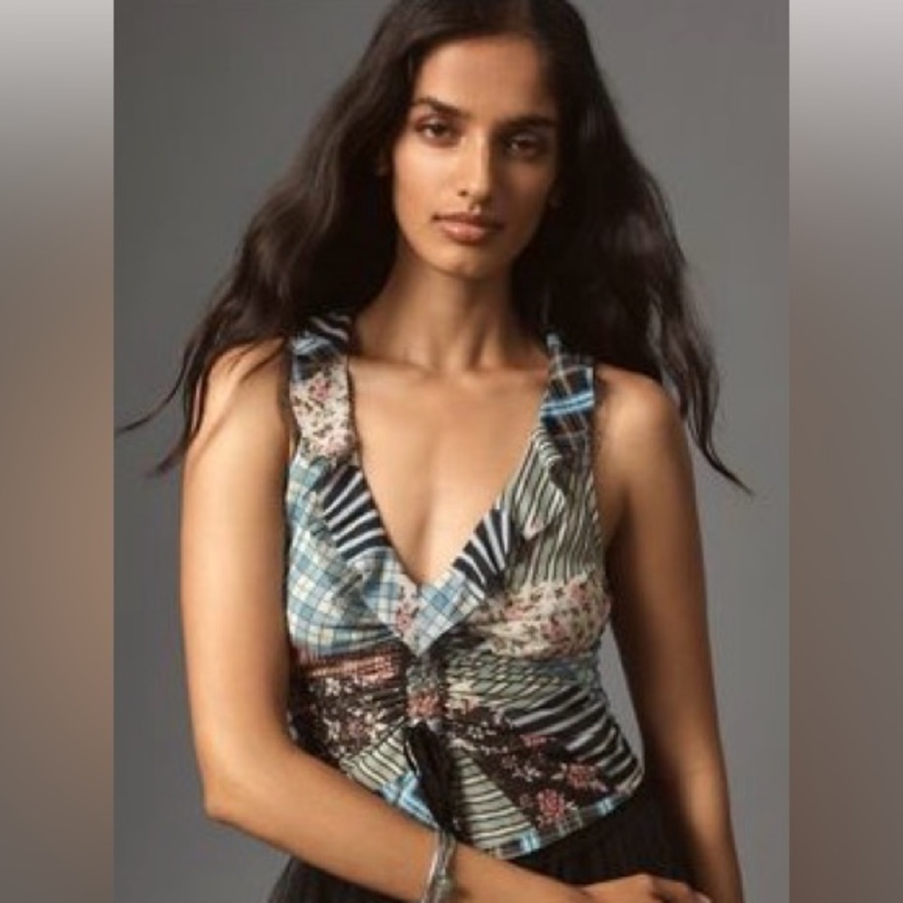 Maeve tie-front v-neck top Patchwork Floral and Stripe Women's Top Anthro  S